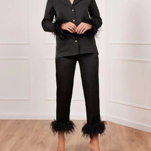 NADINE MERABI Black Satin PJs with Feather Trim (NWT)
